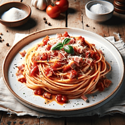 Блюдо от шеф-повара: паста Аматричана с грудинкой и томатами.